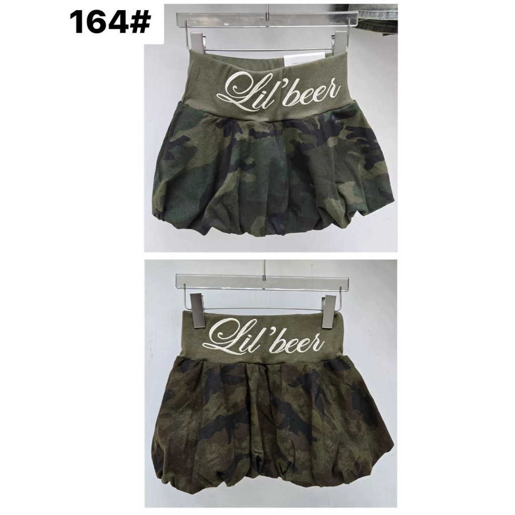 กระโปรงลายทหารทรงบอลลูน เอวยางยืดแถบใหญ่ ซับในผ้าเดียวกับกระโปรง #164