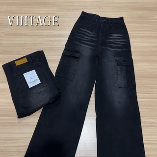 Vintage รุ่น Q6667 กางเกงยีนส์ คาร์โก้ ทรงกระบอก แต่งเฟดขา ทรงสวยผ้าไม่ยืด กระเป๋าตรง 2 ใบ