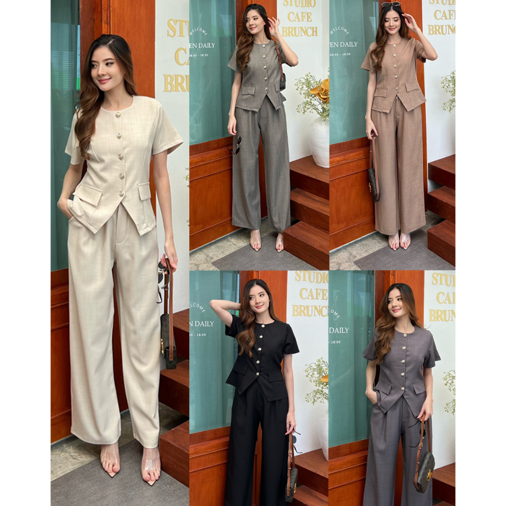 พร้อมส่ง ชุดเซ็ตเสื้อแขนสั้นคลอกลม กระดุมหน้า + กางเกงขายาว มี 5 สี C002