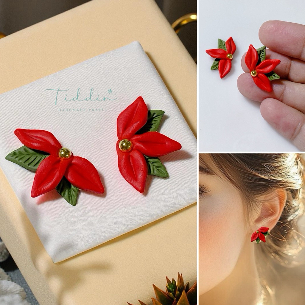 ต่างหูแฮนด์เมด ต้นคริสต์มาส หรือ POINSETTIA Nickel free Hypoallergenic ไม่แพ้ไม่คัน แพ้นิกเกิล หรือแพ้ง่าย ใส่ได้