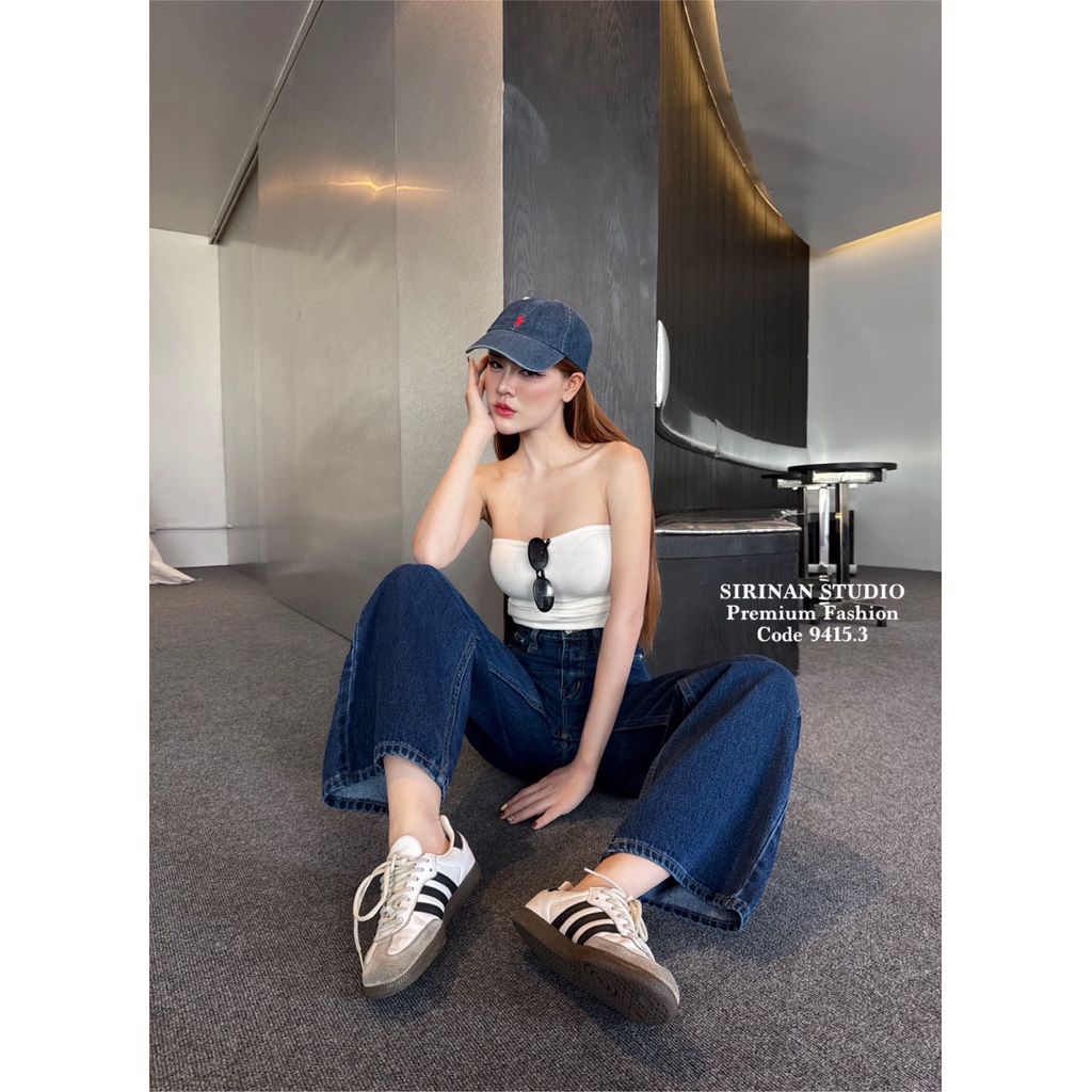 Sirinan Studio ยีนสก์ระบอกกลางเอวสูงสียีนส์เข้ม ยีนส์แท้(ผ้าไม่ยืด) - รูปที่ 5