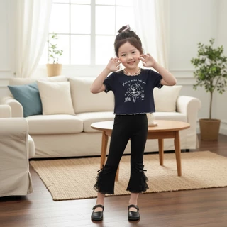 Babyonline(Y438)N2 (ส่งด่วน1วัน)กางเกงขายาวแฟชั่นสำหรับเด็กผู้หญิงสีพื้นแต่งขาบานสุดเก๋ ผ้านุ่ม ยืดหยุ่น ใส่สบาย