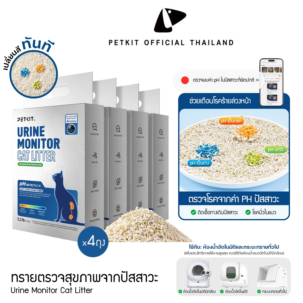 PETKIT Urine Monitor Cat Litter ทรายแมวเต้าหู้ ตรวจค่า pH ปัสสาวะสำหรับห้องน้ำอัตโนมัติและกระบะทราย(ถุงละ2.4 kg×4ถุง)