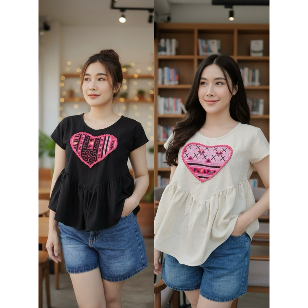 เสื้อผ้าฝ้ายแต่งผ้าลายหัวใจน่ารักสไตล์สาวเหนือ