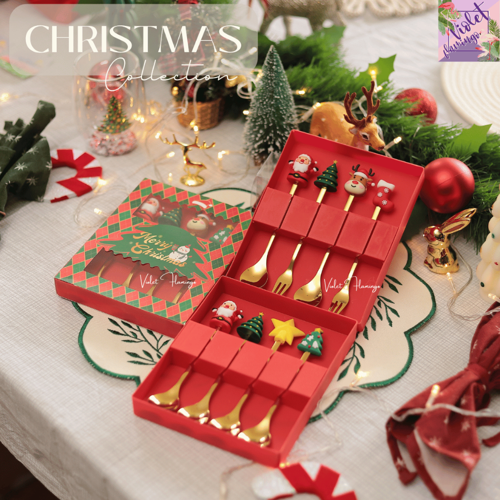 Violet Flamingo ชุดช้อนส้อมคริสมาสต์ ช้อนกาแฟและส้อมขนม Chirstmas Fork and Spoon ของขวัญปีใหม่