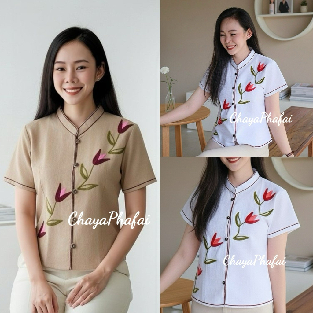 เสื้อคอจีนปักไหมพรมลายดอกทิวลิป