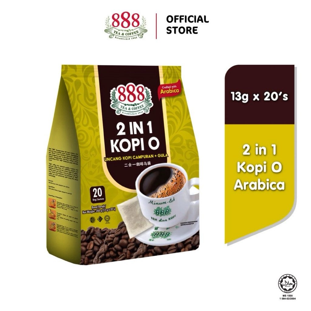 888 Kopi O 2 in 1 / Kopi O Arabica กาแฟมาเลเซียแท้ ถุงกรองพร้อมชง กลมกล่อม หอมเข้ม สูตรมีน้ำตาล (20 