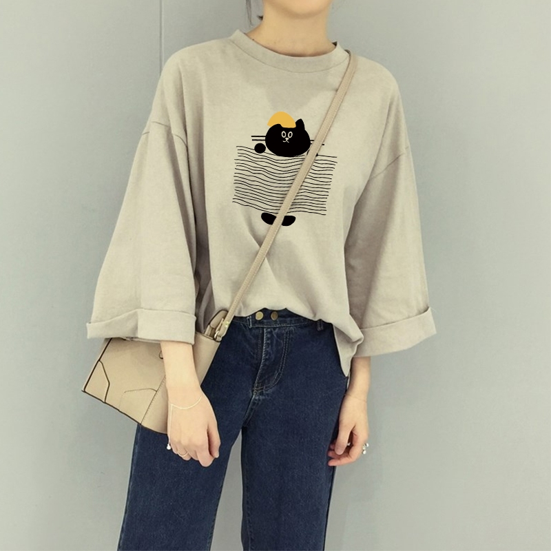 เสื้อแขนสามส่วนผู้หญิงอวบ oversize เสื้อผ้าสาวอวบไซส์ใหญ่แฟชั่นมาใหม่ เสื้อยืดสวยๆลําลองทรงหลวมสไตล์เกาหลี สกรีนลาวินเทจ