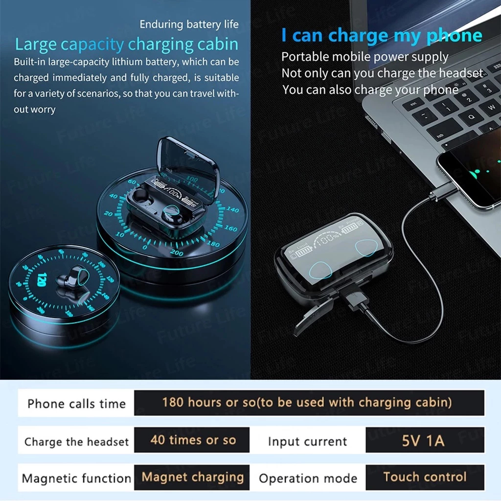 บลูทู ธ 5.3 ไฮไฟเบส TWS-M10 หูฟังไร้สายทนทานเป็นพิเศษดิจิตอลจอแสดงผล LED ใหม่เริ่มต้น