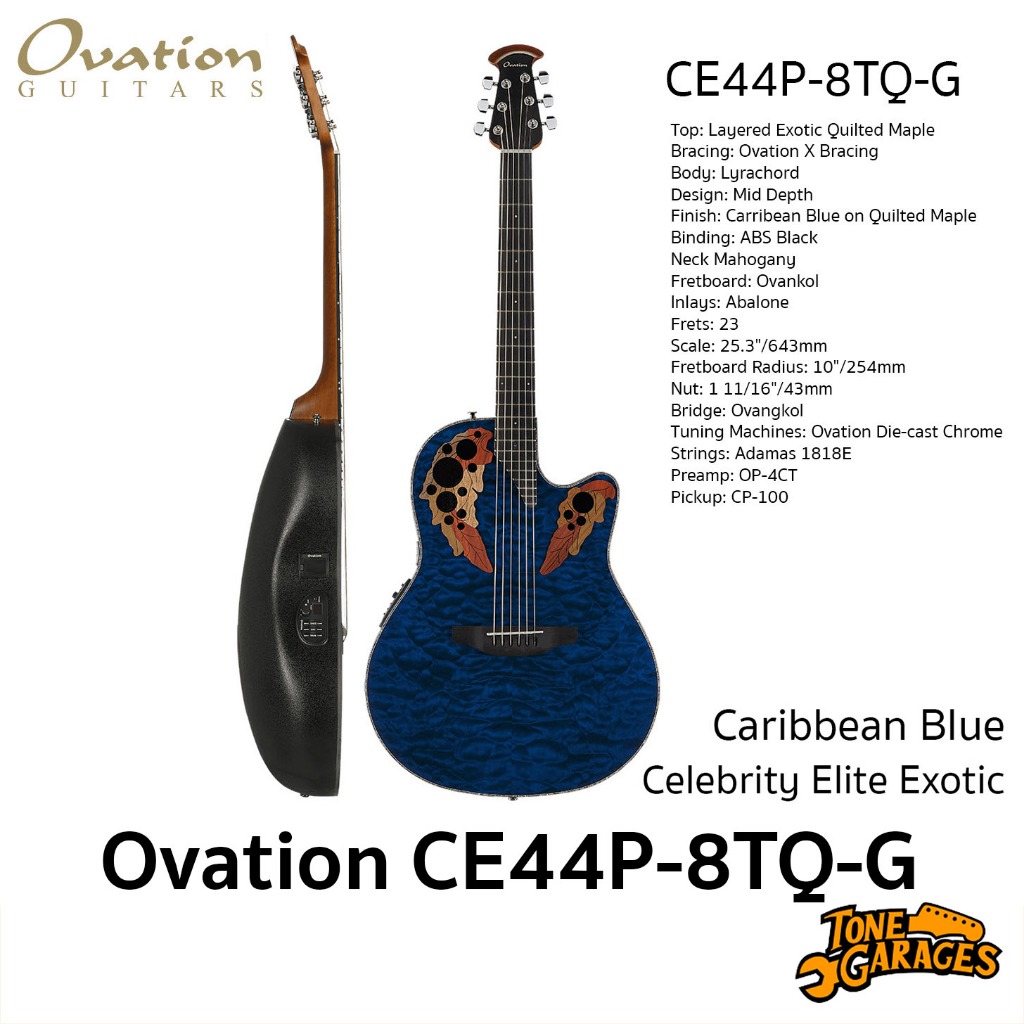 Ovation Celebrity Elite Exotic CE44P-8TQ-G Carribbean Blue Acoustic Guitar กีต้าร์โปร่งไฟฟ้า หลังเต่