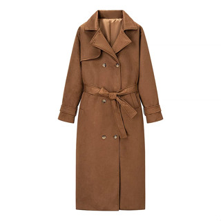 พร้อมส่ง เสื้อโค้ทกันหนาวตัวยาวสีน้ำตาลหนังกลับ Trench Coat …