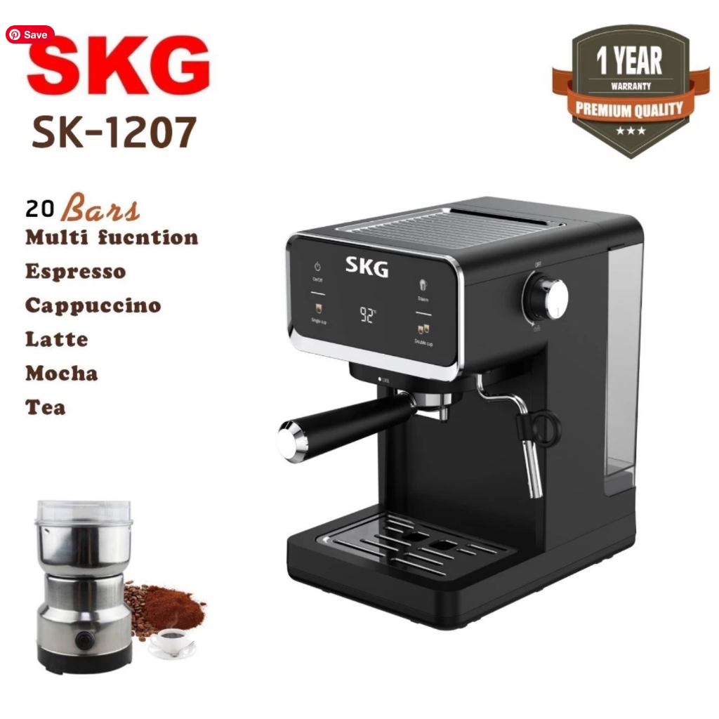 SKG เครื่องชงกาแฟสด 1050W 1.6ลิตร รุ่น SK-1206/1207 สีดำ แถมเครื่องบดกาแฟ