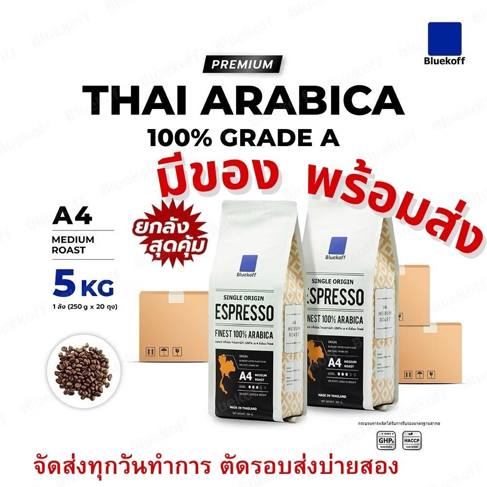 มีสินค้าพร้อมส่งBluekoff A4 Medium Roast Premium เกรด A ยกลัง 5 กิโลกรัม (250 กรัม x 20 ถุง)