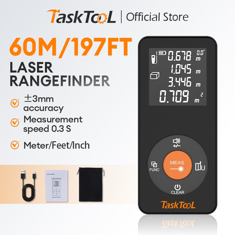 TASKTOOL เครื่องวัดเลเซอร์ 60 ม. เครื่องวัดระยะ เครื่องวัดระยะแบบใช้มือถือ ระยะเลเซอร์ แบบพกพา