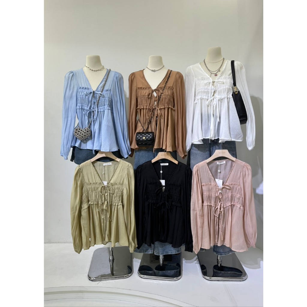 M1972 เสื้อทรงเกาหลีงานพลิ้ว ใส่แล้วหวานละมุนมาก ดีเทลรูดหน้าแต่งโบว์ ผ้านิ่มเบาสบาย