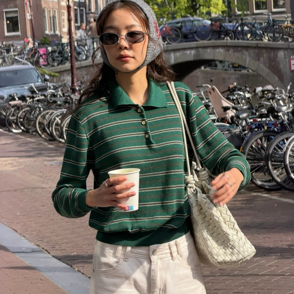 something Juniper green polo stripe พร้อมส่ง