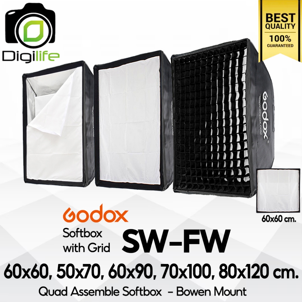 Godox Softbox SB-FW 60*60, 50*70, 60*90, 70*100, 80*120cm. Quad Assemble Softbox -With Grid - Bowen Mount / Digilife