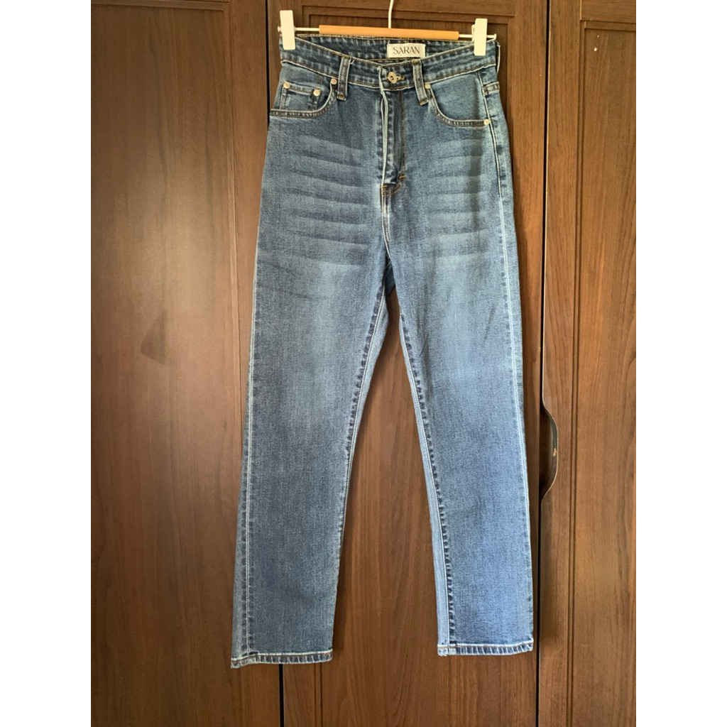 กางเกงยีนส์ผู้หญิงแบรนด์saranทรงกระบอกเล็กผ้ายืดเอว24ยาว37