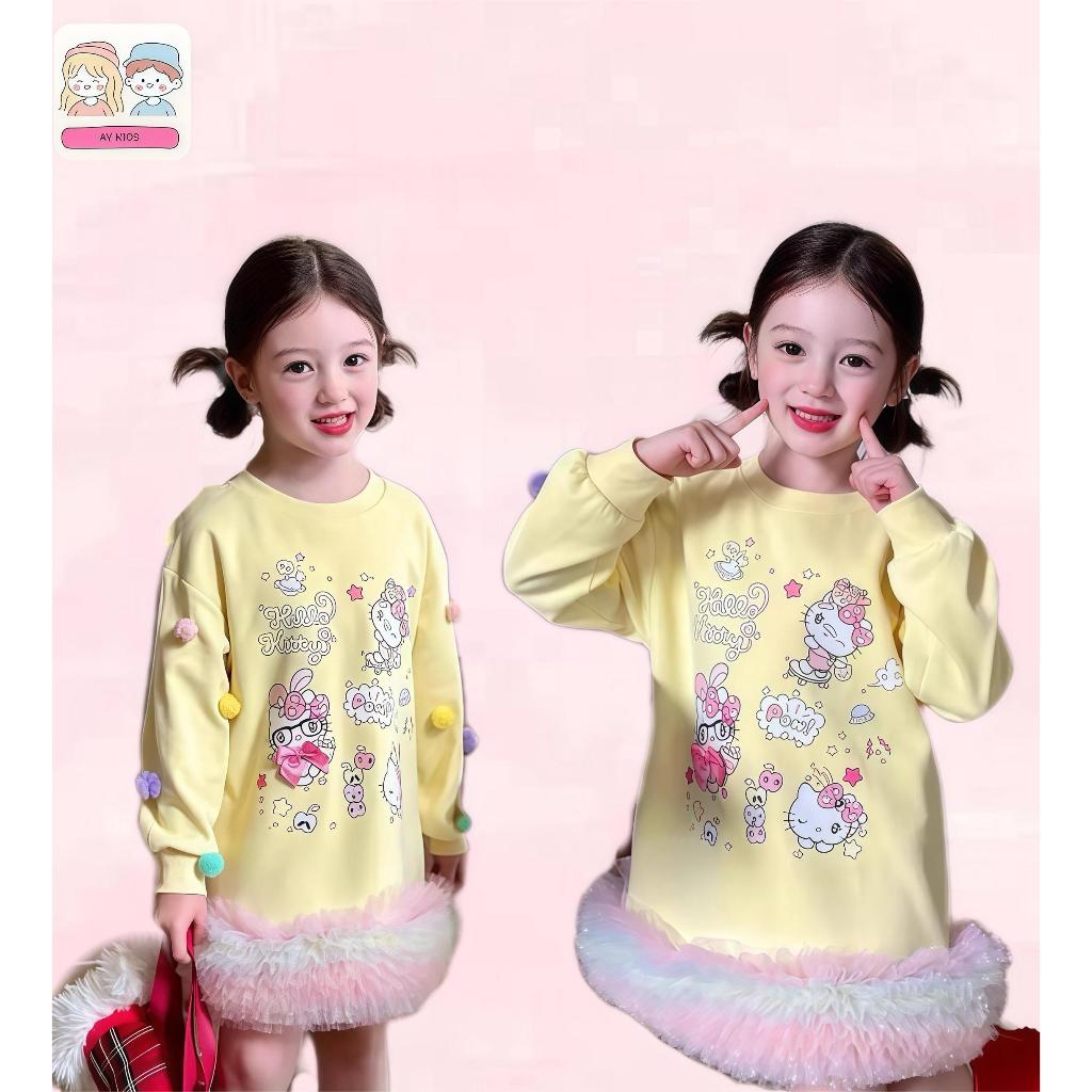 BB141  พร้อมส่งทุกวัน ชุดเซ็ทเด็กลายการ์ตูนแมวเหมียว เสื้อผ้าเด็ก เดรสลูกสาวแขนยาวมีประดับลูกตุ้ม แต่งระบายระยิบระยับ
