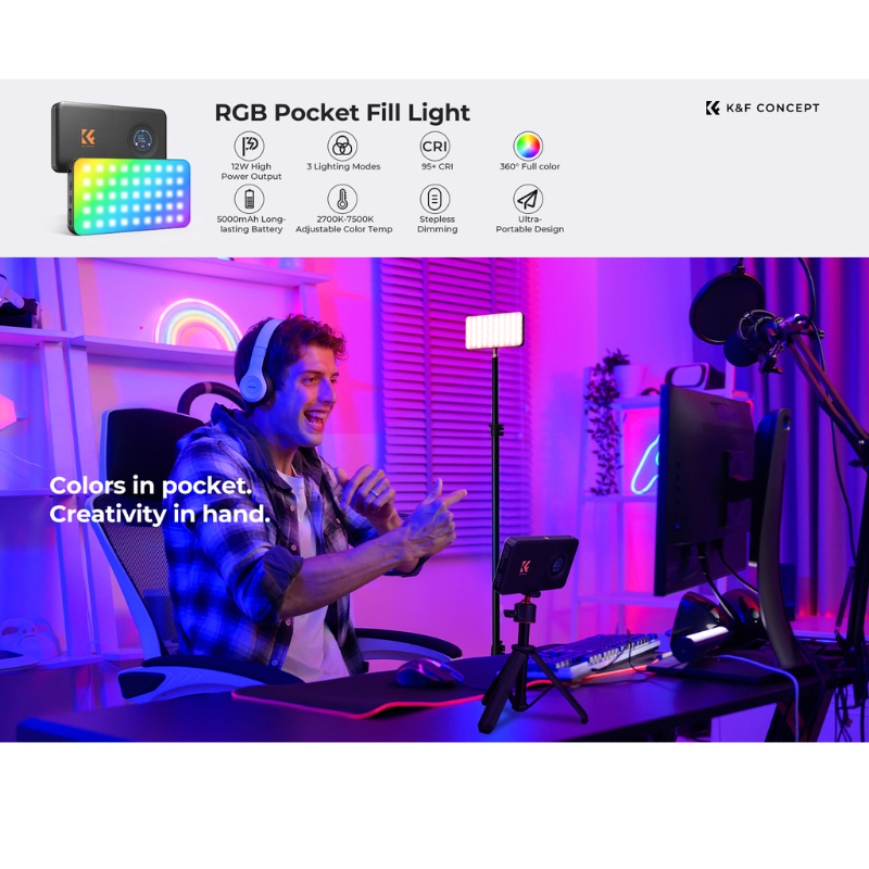 K&F S12R Light RGB Portable Video ไฟRGB12W แบบพกพาพร้อมอะแดปเตอร์ Shoe Mount (KF34.052) - รูปที่ 6