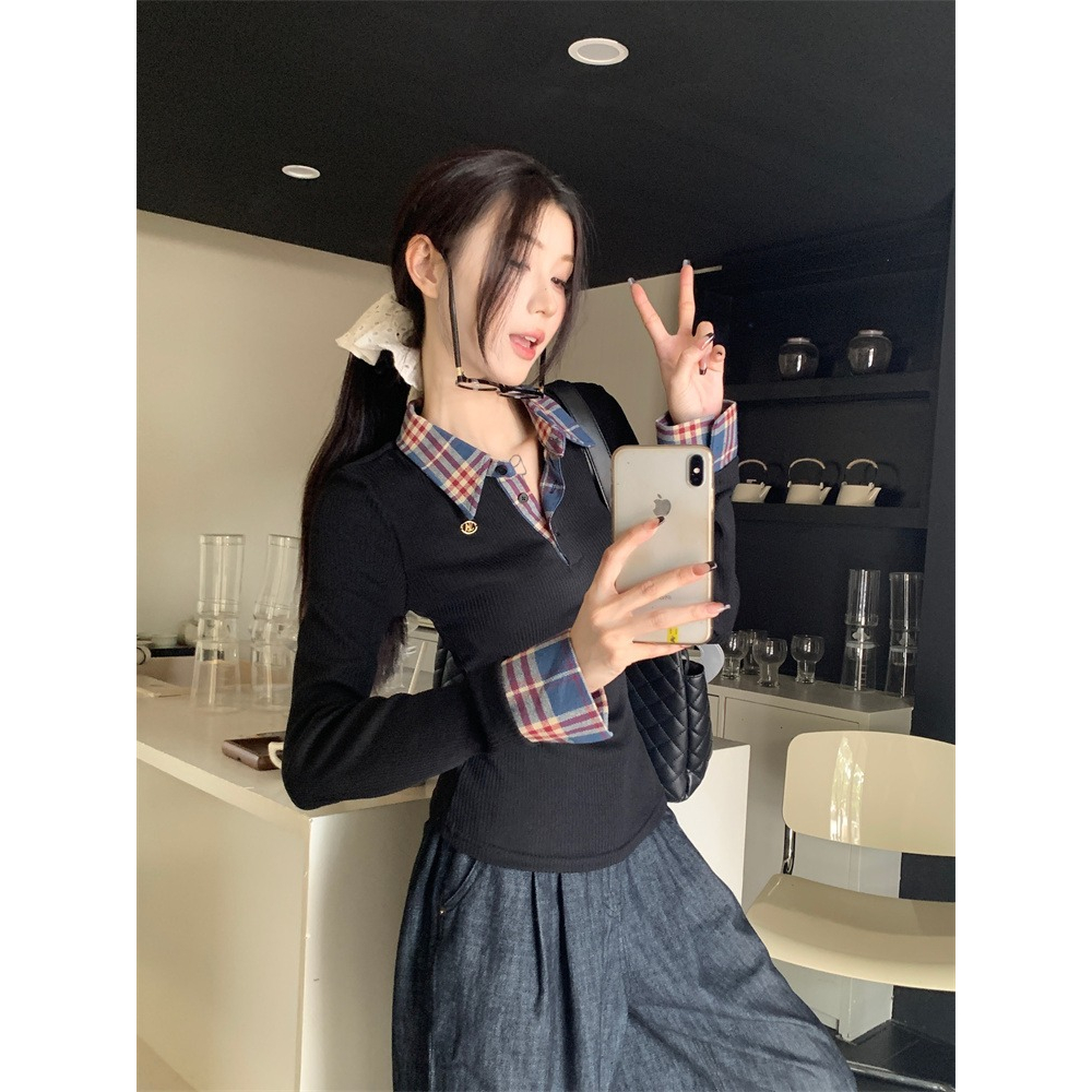 เสื้อแขนยาว ผ้าร่อง สีดำ คอปกกระดุม ต่อผ้าลายสก็อต มีโลโก้ เข้ารูป สไตล์ Preppy แฟชั่นเกาหลี #1772 - รูปที่ 5