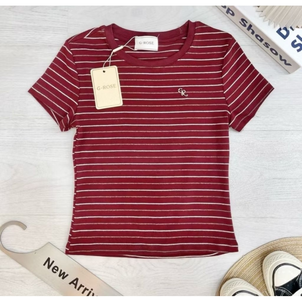 🍑พร้อมส่ง🍑G-rose เสื้อยืดลายริ้ว แต่งอะไหล่เงิน