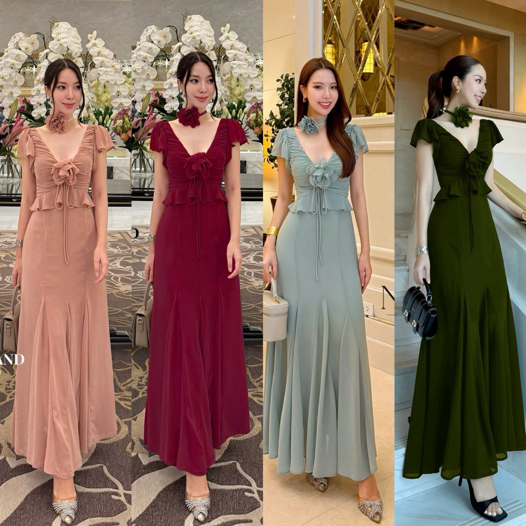 NABI•Maxi dress ผ้าชีฟองแขนระบาย แต่งระบายใต้อก ปลายเดรสแต่งพริ้วๆ หางปลา และเข็มกลัดดอกไม้กับโช้คเกอร์