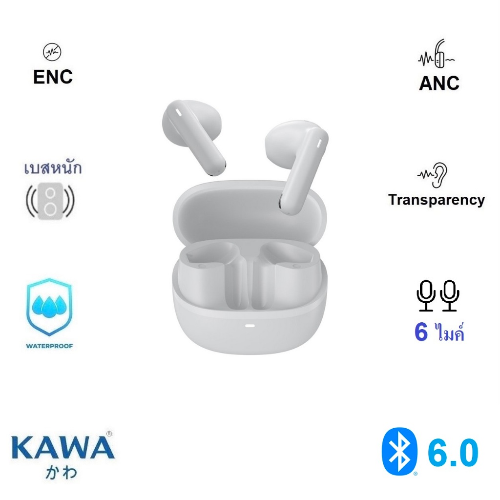 หูฟังบลูทูธ Kawa M68 ไมค์ 6 ตัว ANC/Transparency ตัดเสียงรบกวนขณะคุย (ENC) กันน้ำ IPX5
