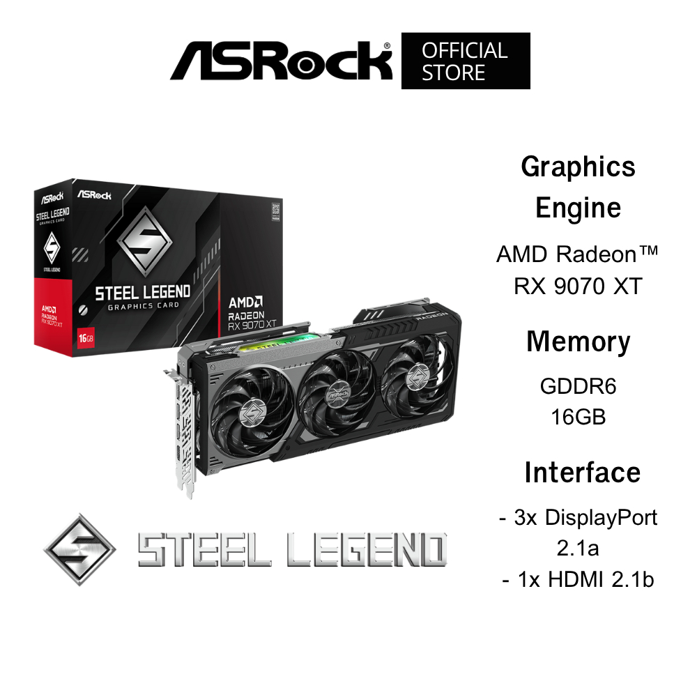 ASROCK AMD Radeon™ RX 9070 XT Steel Legend Dark 16GB VGA Card (การ์ดจอ) GDDR6 on 256-Bit Memory Bus