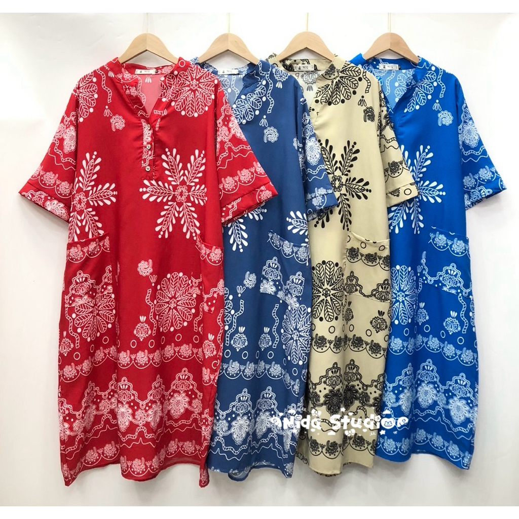 เดรสคอจีนแขนสั้น ผ้าไหมอิตาลี มีกระเป๋าหน้า 2ข้าง สีสันสดใส ใส่สบาย