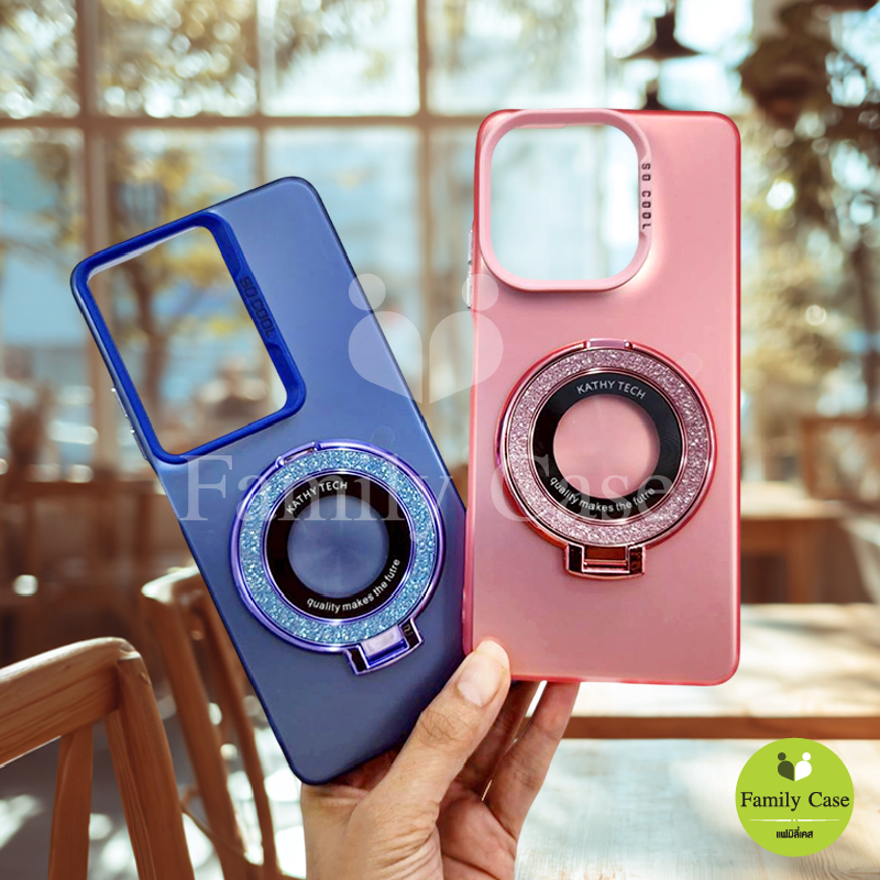 Samsung A56(5G) A15(5G) A25(5G) A35(5G) A55(5G) เคสขอบนิ่มหลังเงาขอบกล้องสี ขาตั้งแม่เหล็กกากเพชรทรงกลมตั้งได้มีกาวในตัว