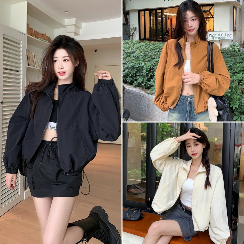 Beryl เสื้อแจ็คเก็ตลําลองเสื้อกันลมแจ็คเก็ต เชือกรูด มีซิปกันน้ําสําหรับผู้หญิง  เสื้อคลุมสั้น เรียบง่ายทันสมัยสไตล์เกาห