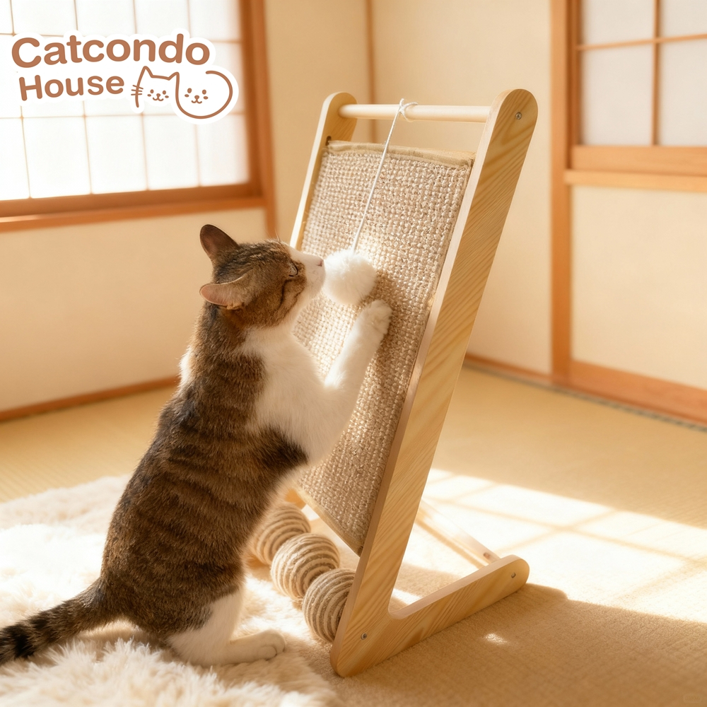 Cathouse กระดานลับเล็บ+บอล (แนวตั้ง) ที่ลับเล็บแมวตั้งพื้นไม้สน พร้อมของเล่นลูกบอล เชือกปอ แข็งแรง ทนทาน