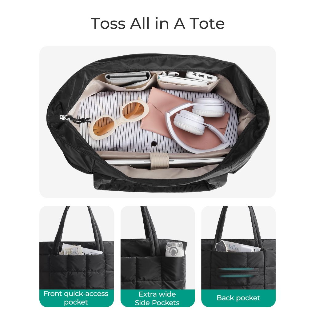 BAGSMART สามารถขยายได้ Tote Bag สำหรับผู้หญิง กระเป๋ามือทำงานพัฟเฟอร์ กระเป๋าออกกำลังกายเดินทาง Carry-On Quilted - รูปที่ 2