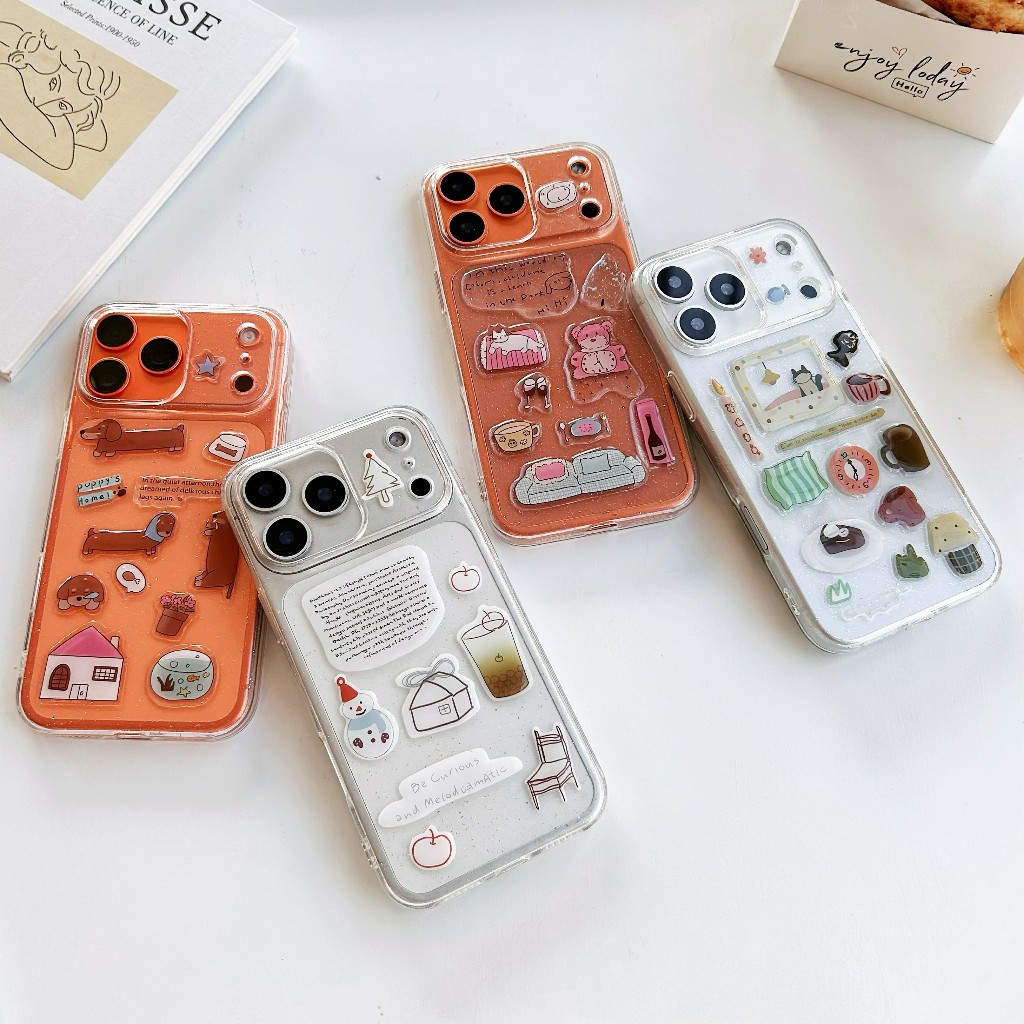เคสใสกากเพชร+สติกเกอร์3Dนูน เคสใสนิ่ม สำหรับไอโฟน17/pro/max 16/pro/max 15/pro/max 14/pro/max 11/12/1