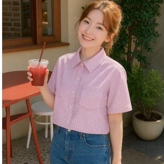 เสื้อเชิ้ตผู้หญิงแขนสั้น เสื้อเชิ้ตครอป เสื้อเชิ้ตลายริ้ว สไตล์มินิมอล  ผ้าคออตตอน100ใส่สบาย Mellow Shirt งานไทยพร้อมส่ง