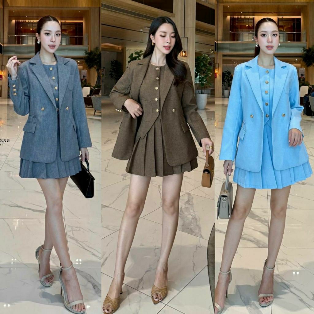 (S-XL) CHARISSA พร้อมส่งเซ็ท3ชิ้นเสื้อแขนกุด+กระโปรง+Blazerแมทซ์ได้หลายลุคใส่ทำงานสวยหรู