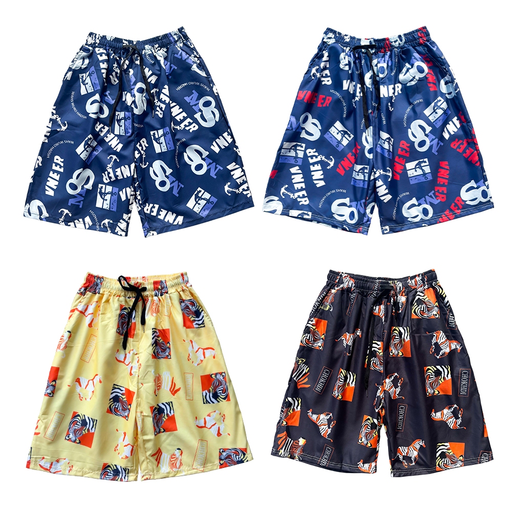 ลายใบไม้ กางเกงขาสั้นชายหาด กางเกงขาสั้น กางเกงขาสั้นสบายๆ สีดำและสีน้ำเงิน - รูปที่ 4