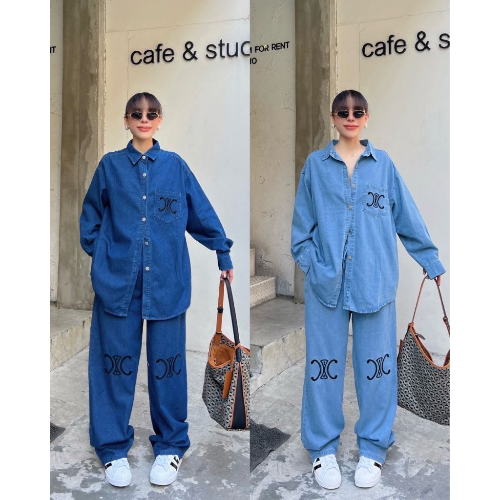 สุดเสร็จเสื้อยีนส์แขนยาวปักโลโก้ บนลายผ้า มาพร้อมกางเกงขายาว ปักโลโก้