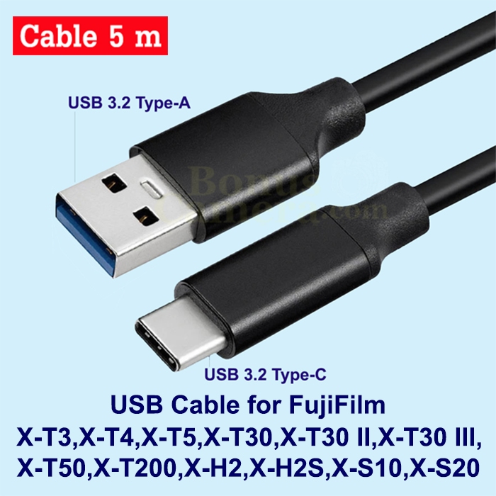 สาย USB ยาว 5m ต่อ FujiFilm X-T3,T4,T5,X-H2,X-H2S,X-T30 II,X-T30 III,X-T50,X-T200,X-S10,X-S20 Cable 