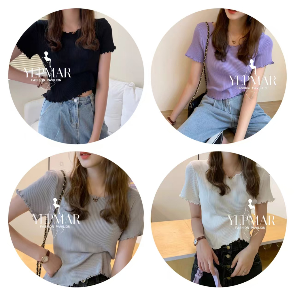 พร้อมส่ง เสื้อครอป แขนสั้น คอกลม แต่งขอบหยัก ทรงเข้ารูป ผ้าดี ยืดได้เยอะ ใส่แมตช์ลุคง่าย เนื้อผ้าเรยอน สไตล์ลำลอง