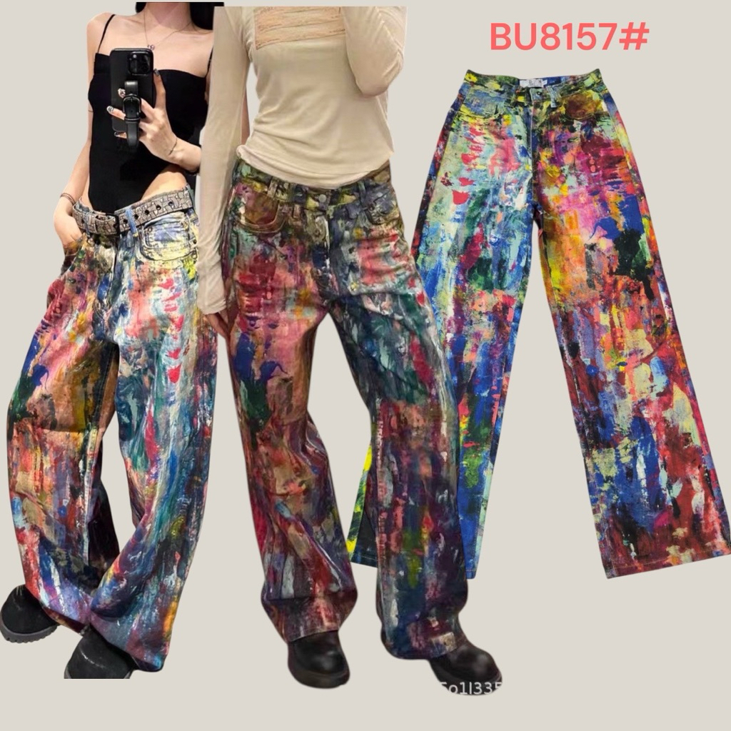 S-4XL BACKUP กางเกงยีนส์พิมพ์ลาย 3D ลายปริ้นสีสบัดสีสาดสี