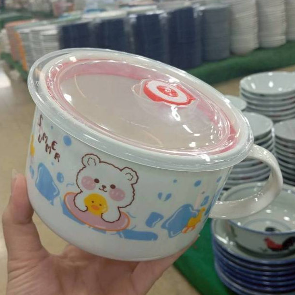 ชามมาม่า ลายการ์ตูนน่ารักๆ ถ้วยใส่อาหารมีหูจับ ฝาปิด ใส่อาหาร ใส่ซุป เซรามิกราคาถูก เข้าไมโครเวฟได้ - รูปที่ 3
