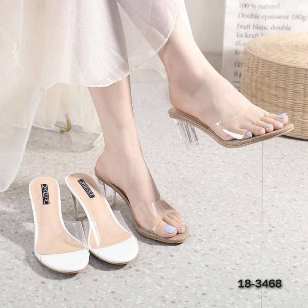 รองเท้าส้นสูงหนังแก้ว สูง 3 นิ้ว สายคาดแบบใส รุ่น 18-3468