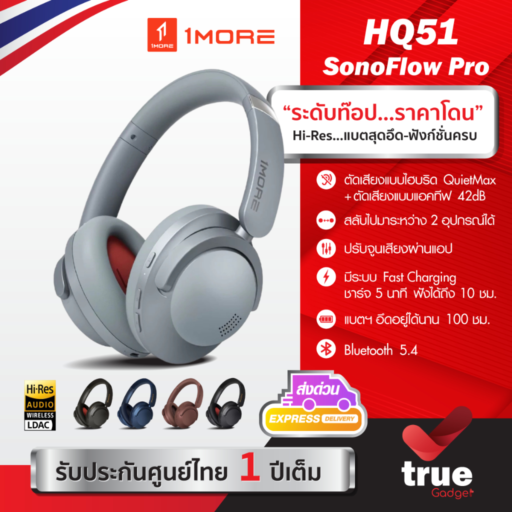 🇹🇭ประกันศูนย์ไทย 1MORE HQ51 SonoFlow Pro Wireless Headphones หูฟังครอบหูไร้สาย ตัดเสียงรบกวนอัจฉริยะ
