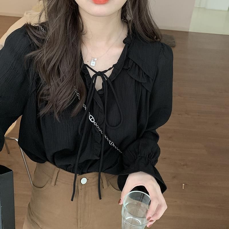 MONA~สีดำ สายรัด ลูกไม้ แขนยาว เสื้อเชิ้ต รุ่นใหม่ สไตล์แฟชั่น ราคา ถูกที่สุด ดีลบีเคเค แกลเลอรีภาพที่ 3