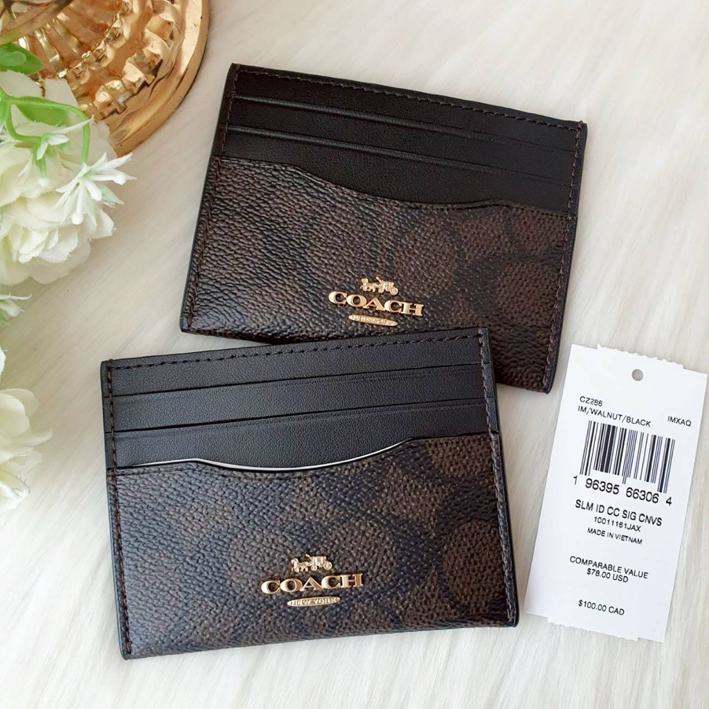 🖤🤎กระเป๋าใส่บัตร COACH CZ286 Unisex Slim Id Card Case In Signature Canvas ลายซีสีน้ำตาลเข้ม