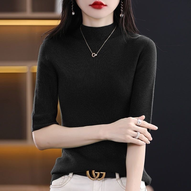 MQzz4289 *พร้อมส่ง* เสื้อยืดไหมพรมผู้หญิง คอสูงสีพื้น แขนสามส่วน ใส่สบาย ผ้านิ่ม Freesize