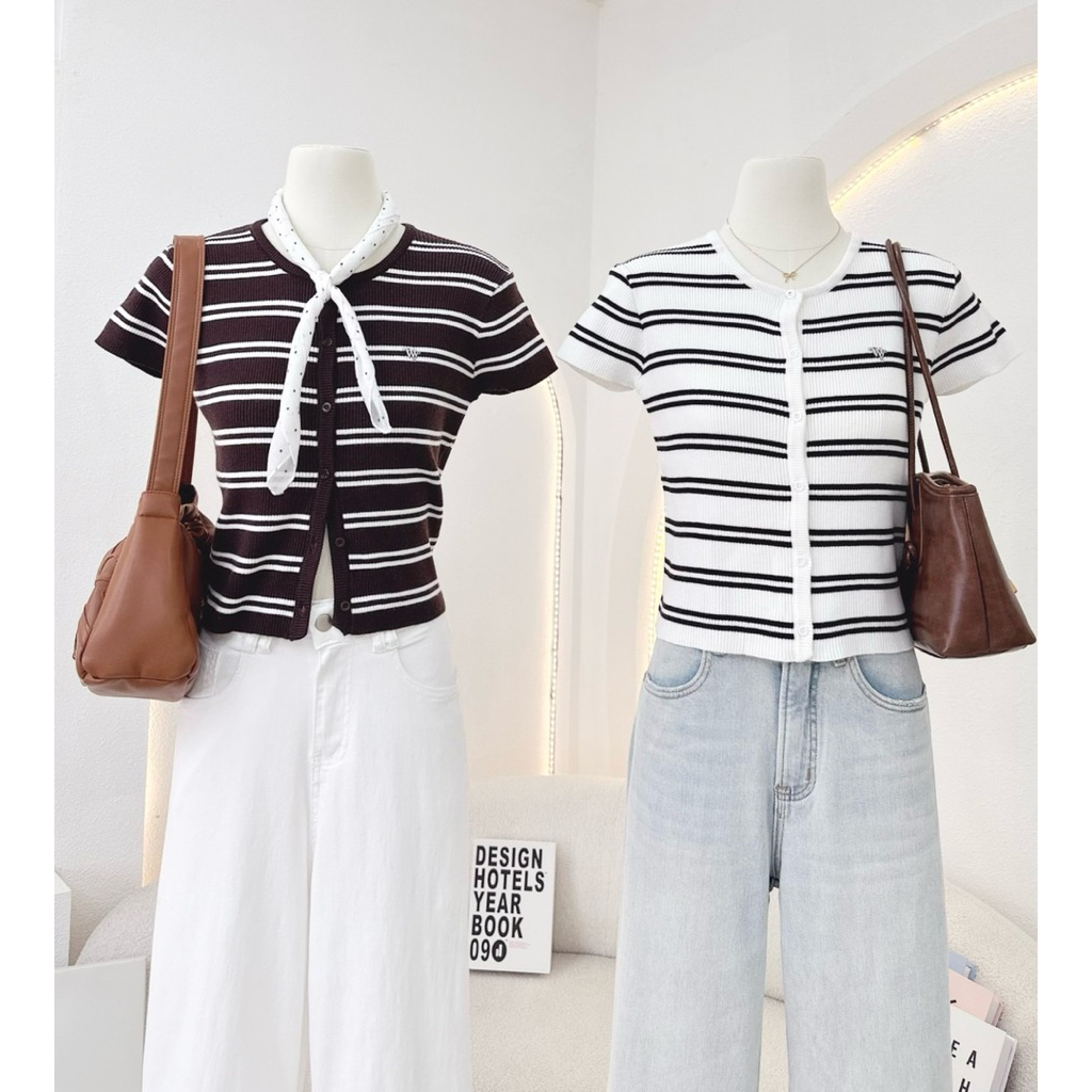 WA YA เสื้อคอกลมไหมพรมกระดุมหน้า ทรงเข้ารูป