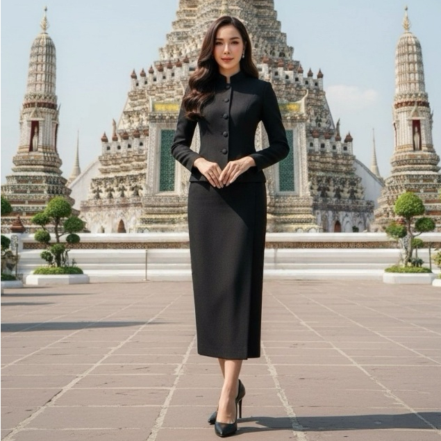 [พร้อมส่ง] ชุดสีดำ ชุดไทยจิตรลดา กระดุมหน้า เสื้อแขนยาว+กระโปรงยาว มีซับใน ผ้าไหมญี่ปุ่น ชุดเซ็ท2ชิ้น